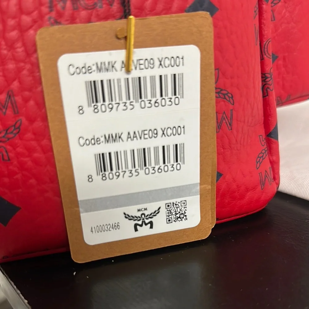 MCM Stark Side Studded Red Visatos Monogram Backpack with Leather Trim - Picture 4 of 16